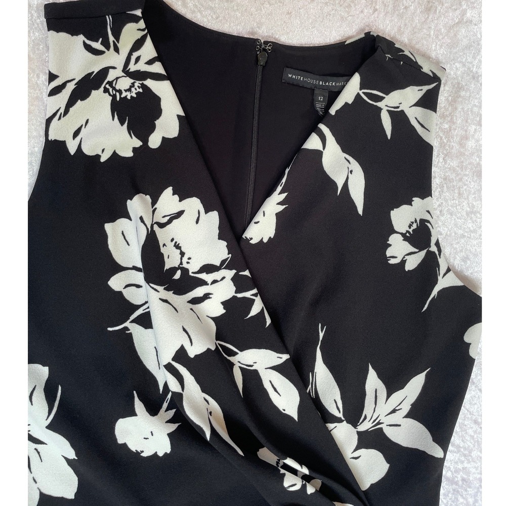 White House Black Market Dress Women 12 Black White EUC Floral Vneck Sheath